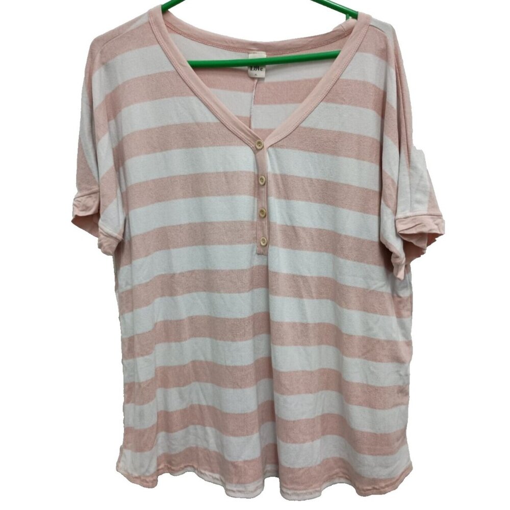 Sew In Love BOHO Tunic Top Womens XL Pink White Striped Soft Knit Short Sleeve